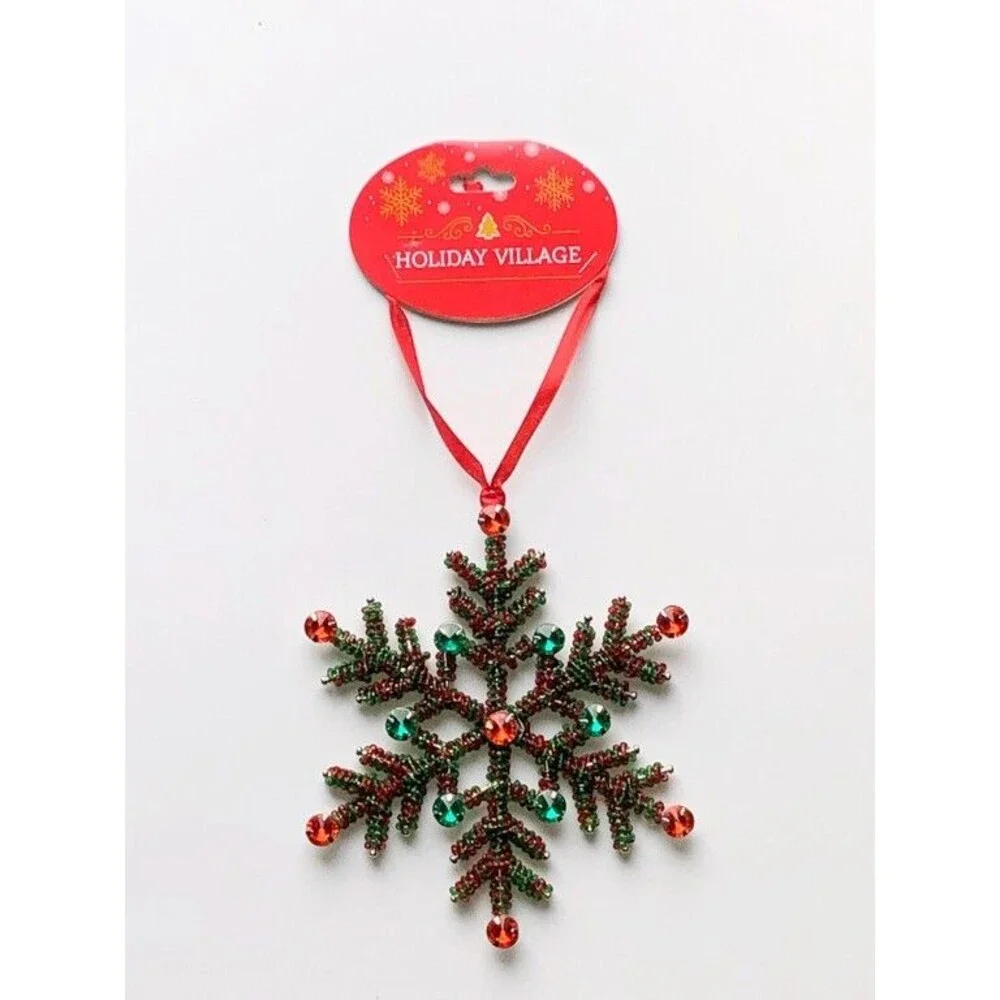 Christmas Tree Snowflake Ornament Red Green Beaded Jewels Ribbon Hanger 5.5